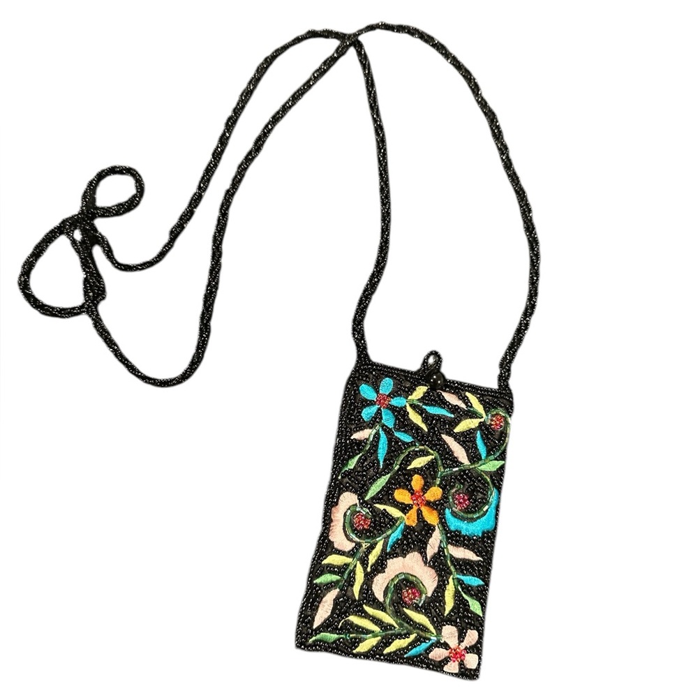Mini multi colored bead embellished floral embroidered crossbody vintage style